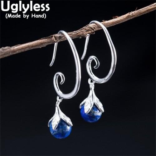 Uglyless Natural Lapis Earrings for Women Solid 925 Silver Ear Hooks Vintage Ethnic Vines Brincos Blue Gemstones Jewelry Retro