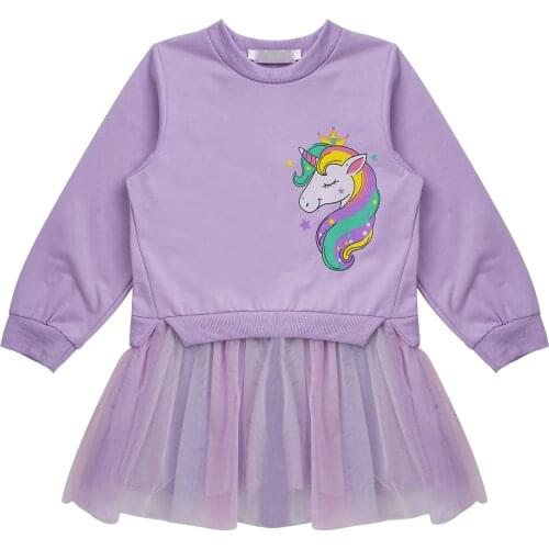 Spring Autumn Kids Girls Sweatshirt Dress Long Sleeve Cartoon Horse Print Pleated Mesh Tutu Dress Girls Princess Party Dresses