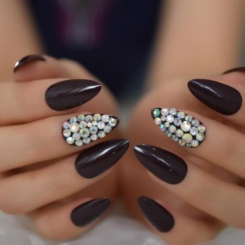 Stilletto Rhinestone Shiny Fake Nail Designed Many Colors Medium Press On Nail With Glue 3D Finger Nails