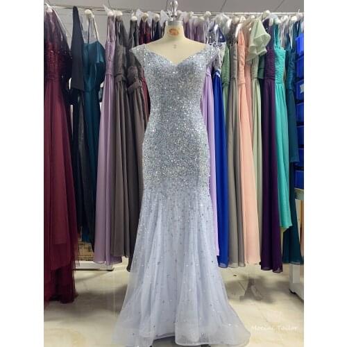 Light Blue Evening Dress 2020 New different color luckgirls pleated Sequins sleeveless Customizable fashion Moncini Tailor