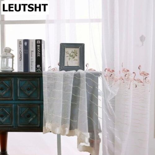 Pink Embroidered Swan Tulle Curtains for Living dining Room bedroom Flamingo Voile For Bedroom Window Screen Sheer Panel