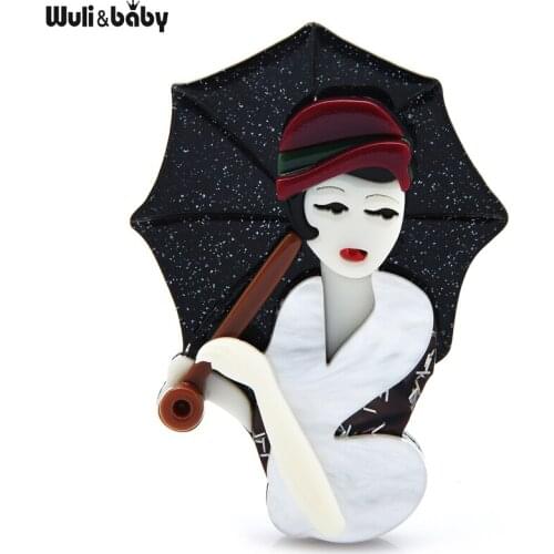 Wuli&baby Acrylic Retro Elegant Lady Brooches For Women Designer Taking Umbrella Beauty Figure Brooch Pin Gifts