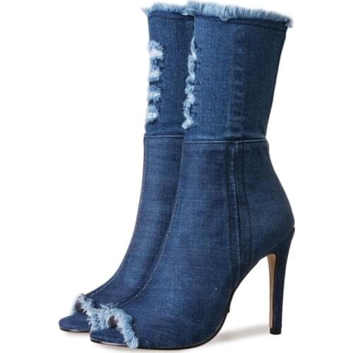 Blue Jeans Denim Boots High Heels New Summer Shoes Pee Toe Ankle Boots for Women Sexy Woman Stiletto Heel Spring Autumn Footwear