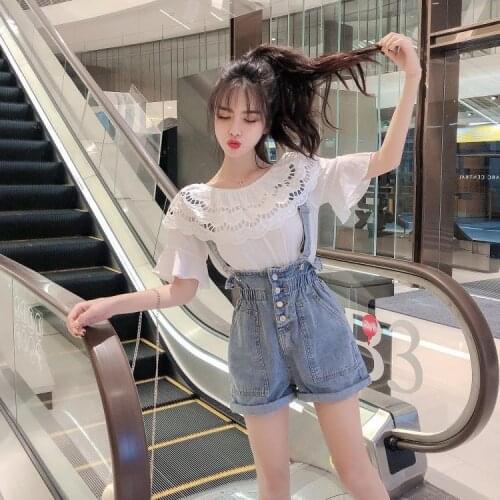 New 2021 Summer Womens 2 Piece Set Solid Short Sleeve Shirt + Overall Jeans Shorts Suits Women Casual Denim Shorts Outfits Q254