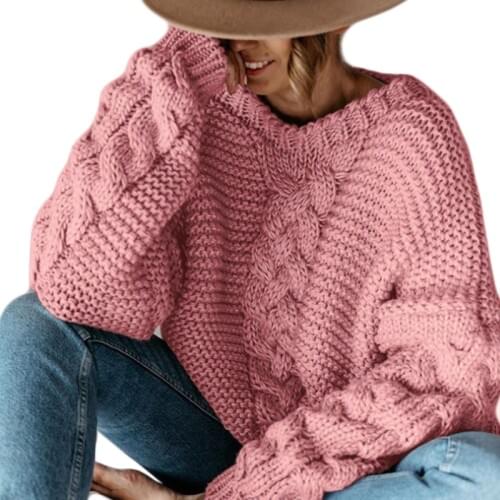Women Winter V-Neck Sweater Chunky Braided Cable Knitted Pullover Top 2020 Lady Long Sleeve Solid Color Casual Loose Jumper Top