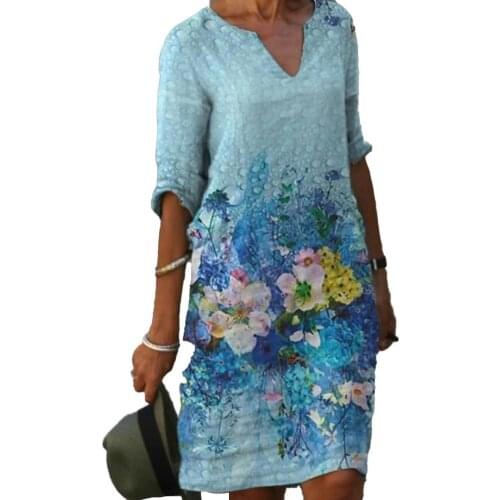 Vintage Chic Women Dress Summer Floral Print V Neck Half Sleeve Knee-Length Loose Dress Mom Women Beach Dresses