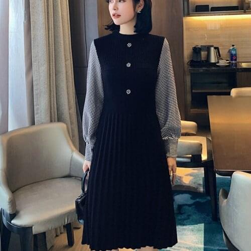 Fall & Winter Ladies Vintage Button Knitted Sweater Dress with Belt Long Sleeves Dress Woolen Bottoming Women Commuter Dress