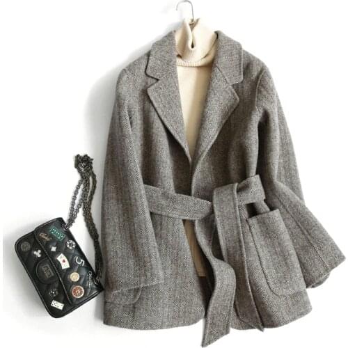Winter Warm Women Woolen Coat Pocket Sashes Jacket Belt Overcoat Outwear