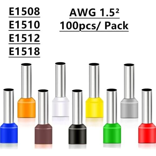 100PCS E1508 E1510 E1512 E1518 Insulated Ferrules Terminal Block Cord End Wire Connector 1.5mm2, Crimp Terminator
