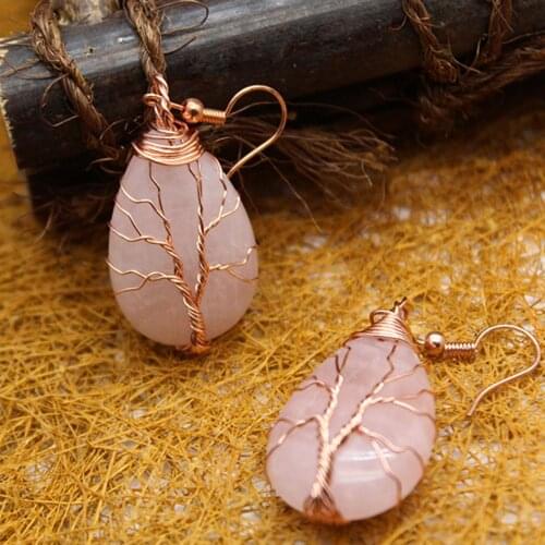 3 Pair Reiki Chakra Energy Earrings Natural Stone Rose Quartzs Green Aventurine Tree Of Life Earrings Women Fashion Jewelry