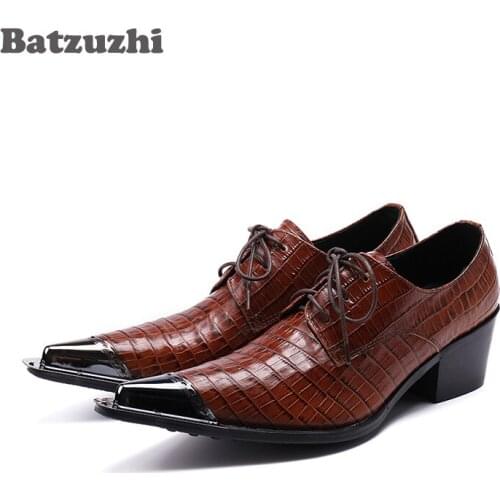 Batzuzhi 6.5cm Heels Men Leather Shoes Pointed Metal Toe Brown Genuine Leather Men Dress Shoes Oxfords Zapatos Hombre, Size 46