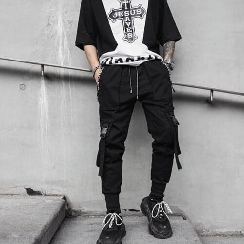 2019 Fashion Hip Hop Mens Black Harem Pants Multi-Pocket Ribbons Man Streetwear Pants Casual Mens Pants M L XL 2XL Size