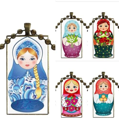 Colorful Russian Matryoshka Doll For Lovers Best Friendship Design Fashion Vintage Glass Women Rectangle Necklace Pendants