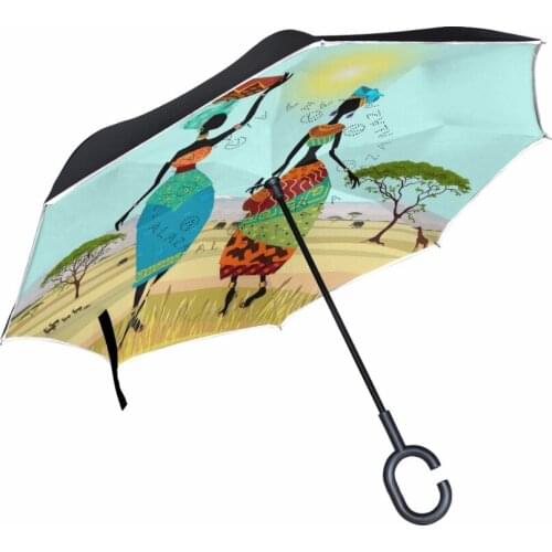 Drop Shipping African Women Windproof Reverse Double Layer Inverted Umbrellas Self Stand Rain Sun Protection C-Hook For Car
