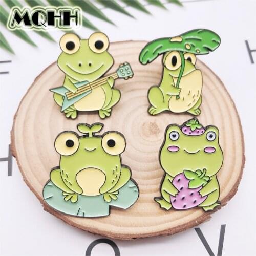 Cartoon Cute Animal Pin Green Frog Family Playing Guitar Eating Strawberry Lotus Leaf Enamel Brooch Creative Alloy Badge Jewelry