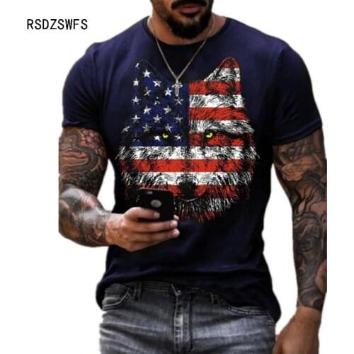 Harajuku Plus-Size Teenagers National Flag Wolfhead Print Camisetas T-Shirt Street Fashion Round Neck Short Sleeve Men T-Shirt