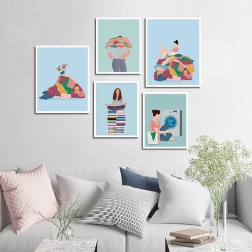 Canvas Painting Wall Poster Girl Wash Clothes Picture Pattern Crafts Minimalist Decoration for Bedroom Living Room Decor Gifts
