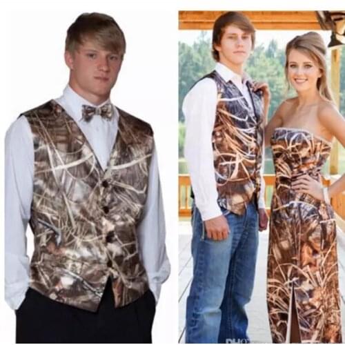Reed Bulrush Camo Mens Wedding Vests Outerwear Groomsmens Vests Spring Camouflage Slim Fit Mens V-neck Vests Custom With Bow Top