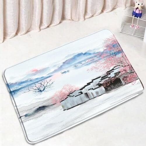Chinese Style Landscape Bathroom Mat Ink Painting Mountain Water Building Non-Slip Rugs Home Decor Bath Kitchen Doorway Carpet