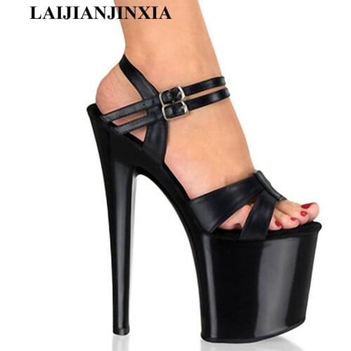 LAIJIANJINXIA Women Shoes Metal Decoration Temptation Black White Stage Shoes 20 CM Super High Platform Womens Sandals E-097