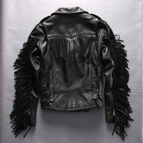 Mens Tassel Motorcycle with belt Rock Stylish Genuine leather coat Men Short Slim Fit Cowhide biker Jacket male