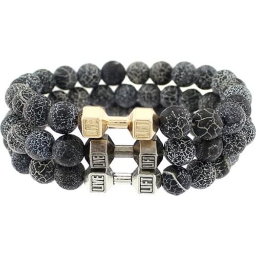 2016 New Fashion Metal Barbell for men 8mm weathered granite Stone bracelet yoga Fitness Fashion Fit Life Dumbbell Bracelets