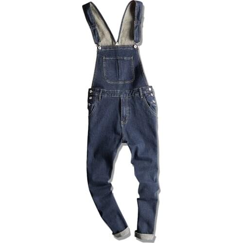 New Mens Male dark blue denim bib overalls Slim fit jeans Casual pocket cargo pants Suspenders jumpsuits