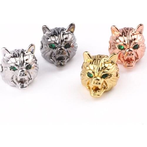 Wholesale Green CZ Wolf Head Beads for Jewelry Making DIY Copper Spacer Beads fit Bracelet Jewelry Accessories 3pcs/lot