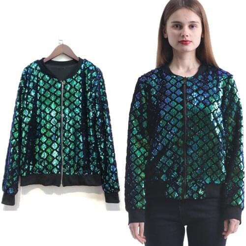 Autumn Women Sequin Coat Green Bomber Jacket Long Sleeve Zipper Streetwear Tunic Loose Casual Ladies Basic Coat