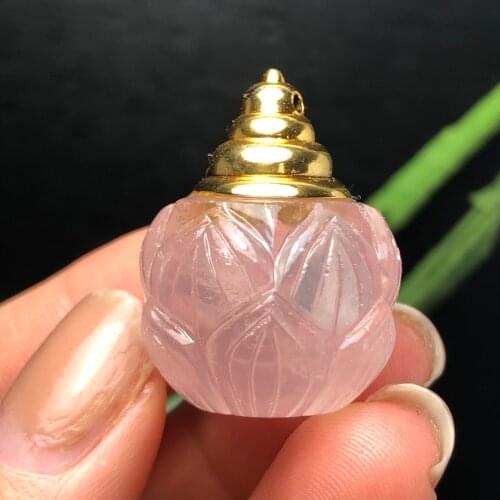 Natural Rose Quartz Crystal Essential Oil Bottle Lotus Flower Pendant Container Reiki Healing Chakra Gemstone