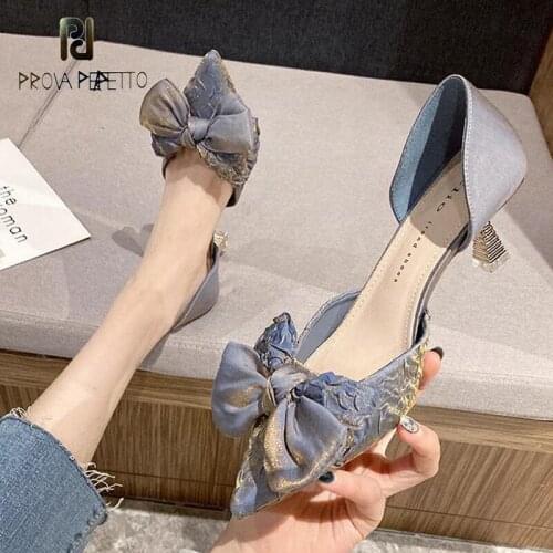 Pink and Blue Pleated Pointed Toe Sweet Mid-heel Single Shoes Spring and Summer Bowknot Shallow Mouth Stiletto Pumps Shoes