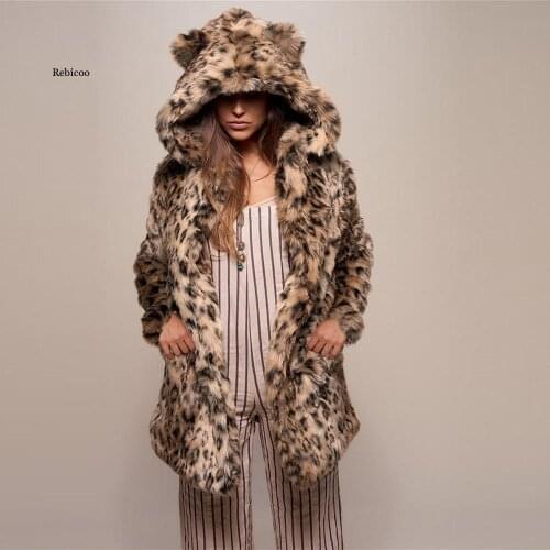Large size mid-length faux fur coat jacket new winter womens dress stitching cute hat mid length leopard print fur coat