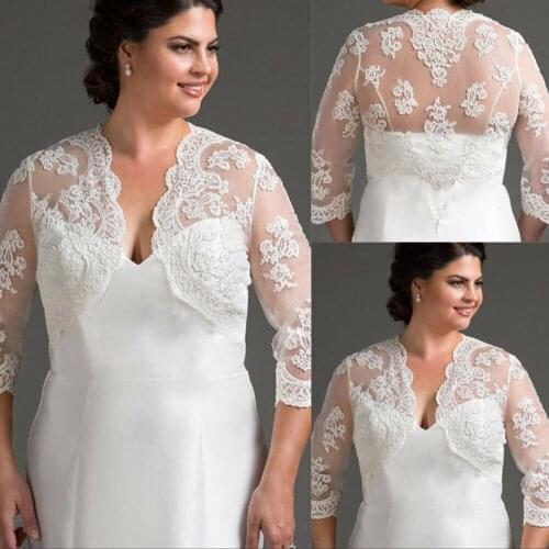 Plus Wedding Jackets Appliques Bridal Boleros Front Open 3/4 Sleeve Lace Top Shawl Shrug