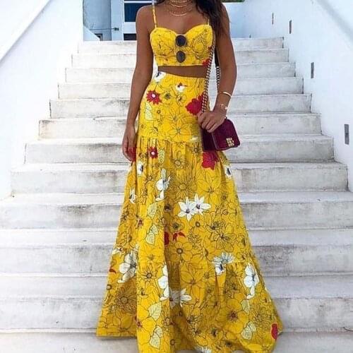 2021 Women Summer Casual Long Holiday Dresses Floral Print Yellow Sexy Crop Top And High Waist Maxi Skirts Boho Two-Piece Suits
