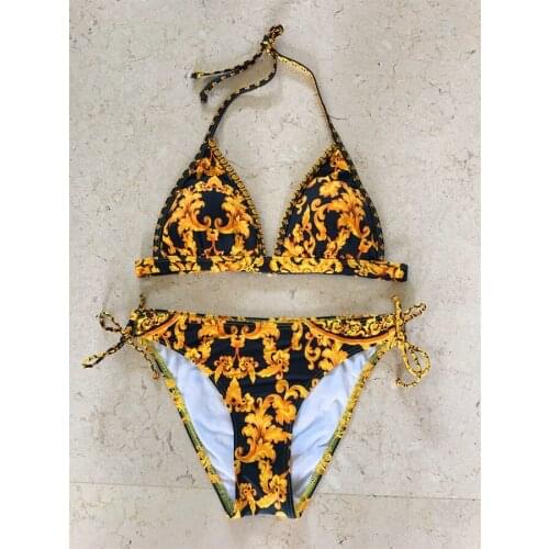 Womens Female Halter Bikini Print Black Yellow Sexy Swimwear Summer Swimsuit Beachwear Bikini Set Bathing Suit New Styles 2020