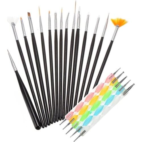 20 Pcs Nail Art Brush Design Tip Painting Drawing Carving Dotting Pen Builder Flat Fan Liner Acrylic Gel UV Polish Tool Manicure