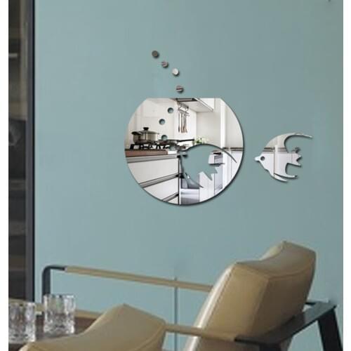 Acrylic tropical fish wall decoration decals thick plastic mirror effect stickers for bedroom 3d mirror wall sticker home decor