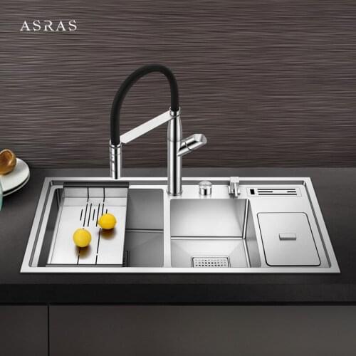 Asras 9045L Stainless Steel Handmade Kitchen Sink Set Large Double Sinks With Multi-function Faucet Intelligent Control &drainer