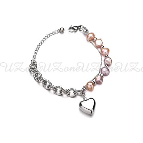 UZone Fashion Romantic Love Heart Pendant Stainless Steel Double Layers Pearl Chain Bracelets For Women Jewelry