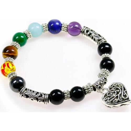 Reiki healing Natural Stone Beads Chakra Bracelet For Women Strand Rope Bracelets Heart Pendent Spiritual Yoga Jewelry