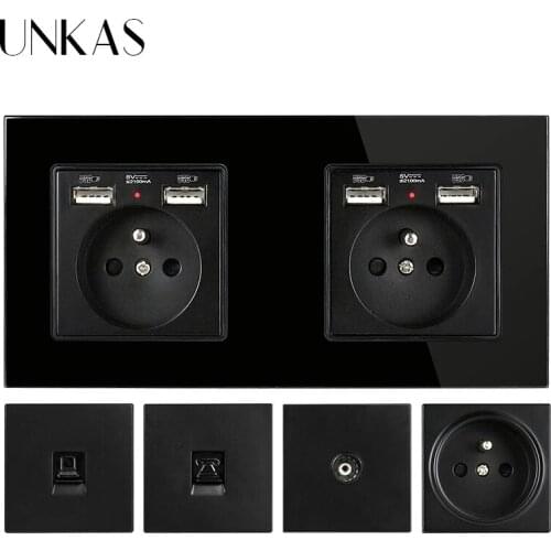 UNKAS EU French Socket With Dual USB Port + TV RJ11 Telephone RJ45 Internet Computer Jack 172mm * 86mm Black Glass Panel Outlet