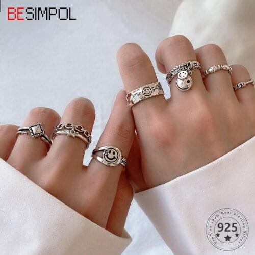 Besimpol High Quality 925 Sterling Silver Ring Trendy Simple All-match Unique Design Adjustable Rings For Women Daily Accessorie