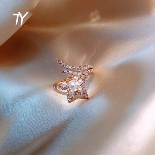 Advanced Design Sense Zircon Pearl Star Shaped Opening Rings For Woman Fashion Korean Jewelry Wedding Party Girls Unusual Ring