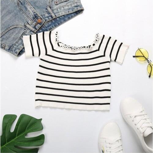 Summer Sweet Sexy Ruffles Striped Slash Neck Cropped T-shirts Women Short Sleeve Crop Tops For Girls tshirt Womens Clothing Tee