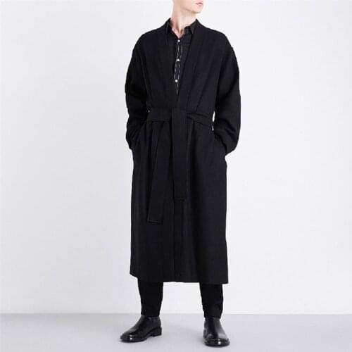Mao Mens Ni coat autumn and winter belt mid-length V-neck Japanese kimono loose waist