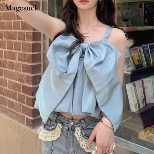 Solid Chiffon Bow Sleeveless Sling Short Tops 2021 Sweet Summer Blouse for Women Casual Sexy Shirt Female Clothing Blusa 14558