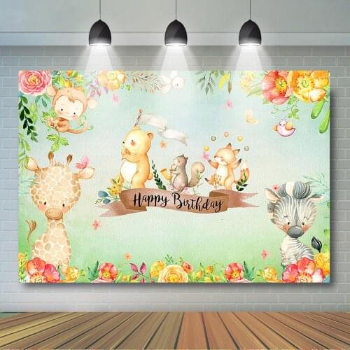 Safari Animal Backdrops Watercolor Flower Green Background Jungle Wild One Birthday Party Decoration Banner