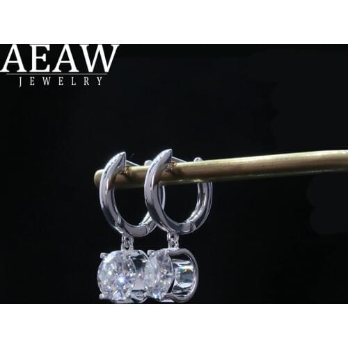 AEAW Solid 14k White Gold 6.5mm 1.0ct Total 2.0ctw Round Cut Bridal Dangle Moissanite Drop Earring for Women