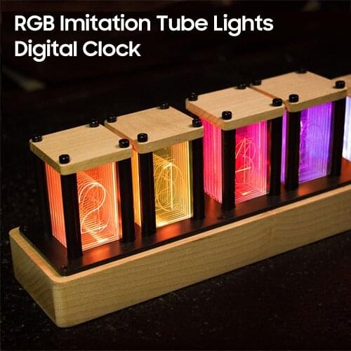 RGB Imitation Tube Lights Digital Clock Glow Clock LED Solid Wood Ornament Fluorescent Desk Clock Semi-Finished