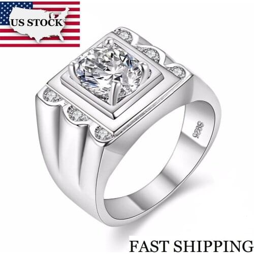 US STOCK Uloveido 35%off Silver Color Crystal Men Ring for Men Jewelry Wedding Ring Party Anillos Mujer Bague Homme Bijoux JX003